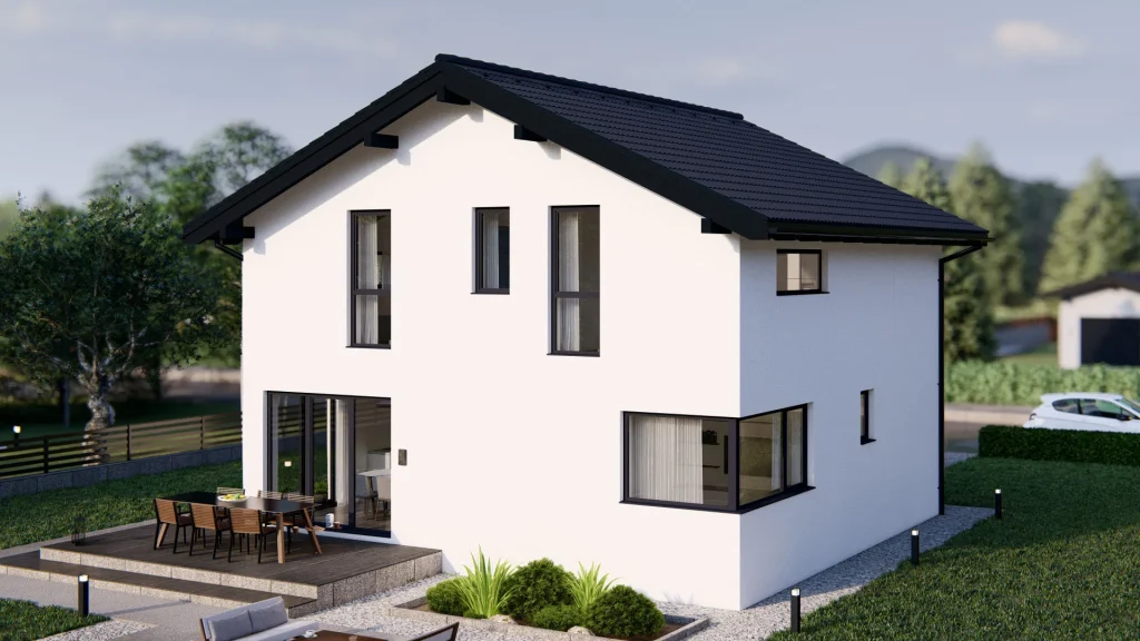 Modernes Fertighaus mit 25-Grad-Dachneigung und zeitgenössischer Architektur von BAUTENT