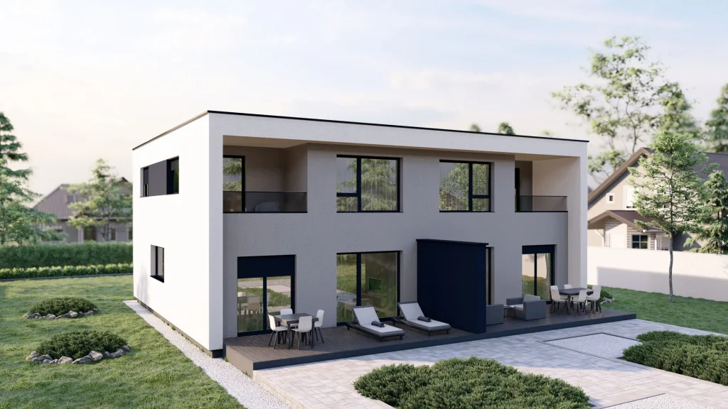 Modernes Fertighaus A001-27 mit heller Fassade und großen Fenstern - BAUTENT Hausbau und Sanierung