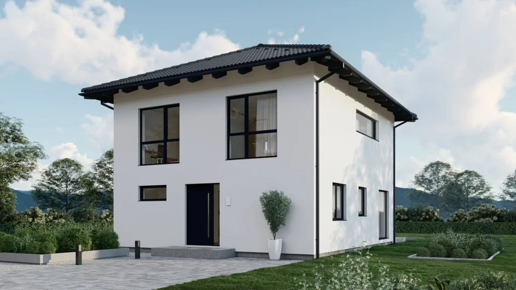 Modernes Fertighaus Projekt A002 - Außenansicht mit zeitgenössischer Architektur und hochwertiger Bauqualität