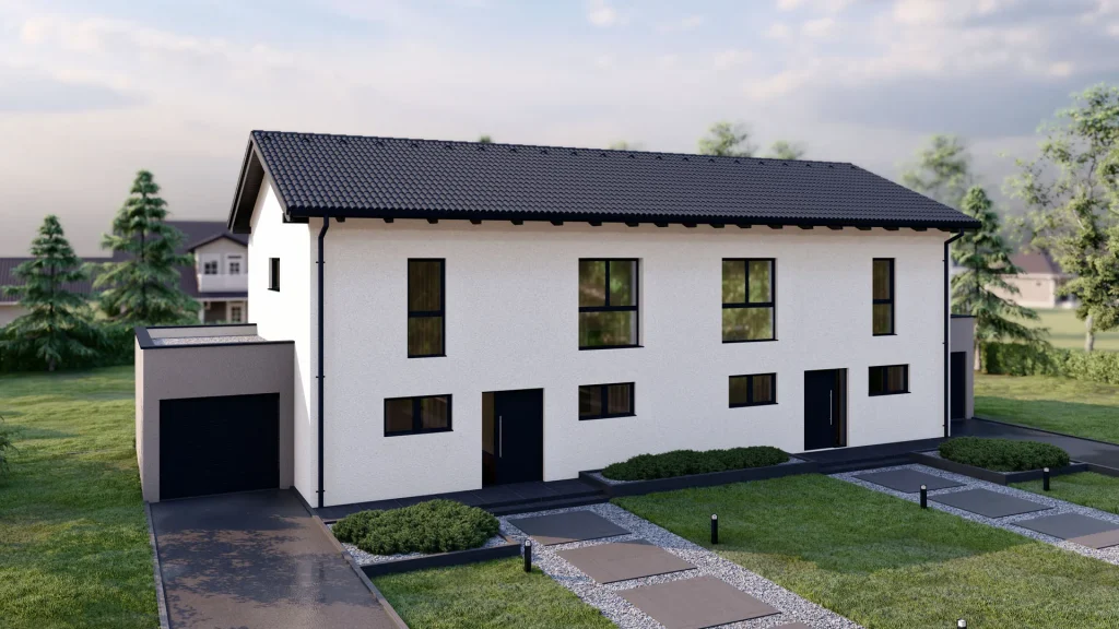 Modernes Fertighaus A002-25 mit zeitgemäßer Architektur und großzügigen Fensterfronten von BAUTENT