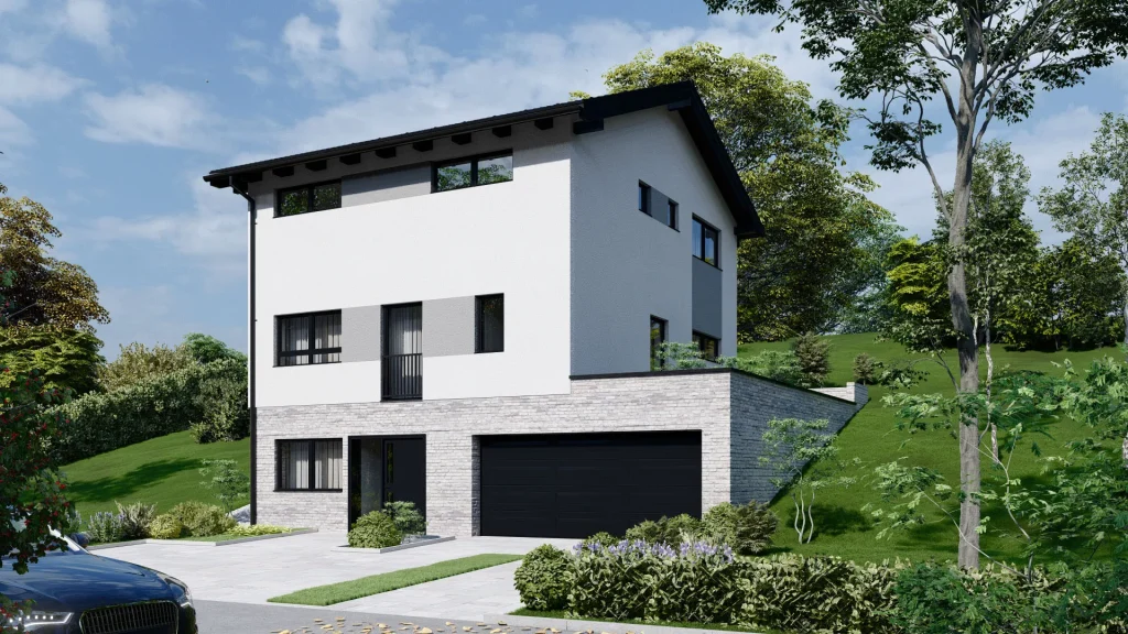 Moderne Fertighaus-Architektur mit großen Fensterfronten und zeitgemäßer Fassadengestaltung