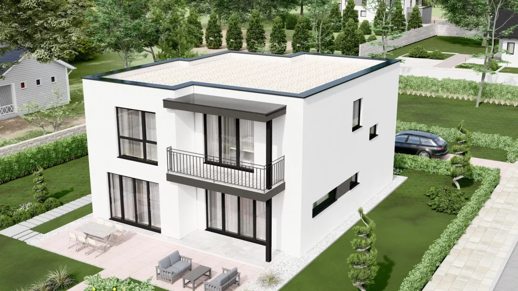 Moderne Fertighaus-Architektur mit großen Fenstern und zeitgemäßer Fassadengestaltung von BAUTENT