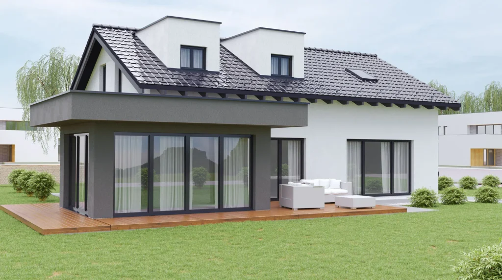 Modernes Fertighaus A002 mit zeitgemäßer Architektur und großzügigen Fenstern - BAUTENT Hausbau