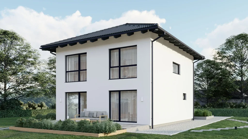 Modernes Fertighaus A003-2 mit zeitgenössischer Architektur und großen Fensterfronten von BAUTENT