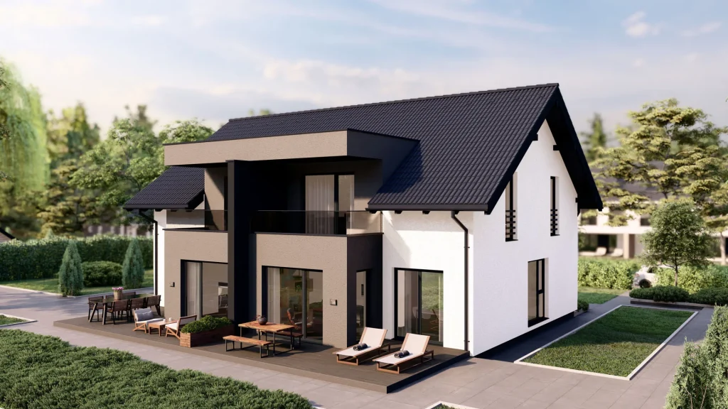 Modernes Fertighaus A003-26 mit zeitgenössischer Architektur und hochwertiger Fassadengestaltung von BAUTENT