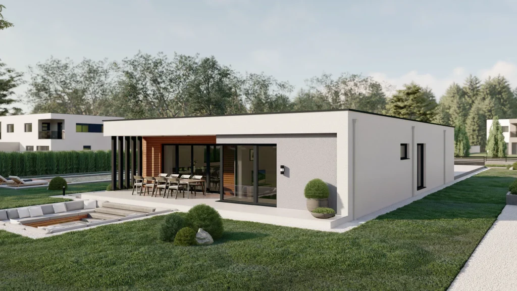 Modernes Fertighaus mit zeitgemäßer Architektur und großen Fensterfronten - BAUTENT Hausbau Beispiel A003-29