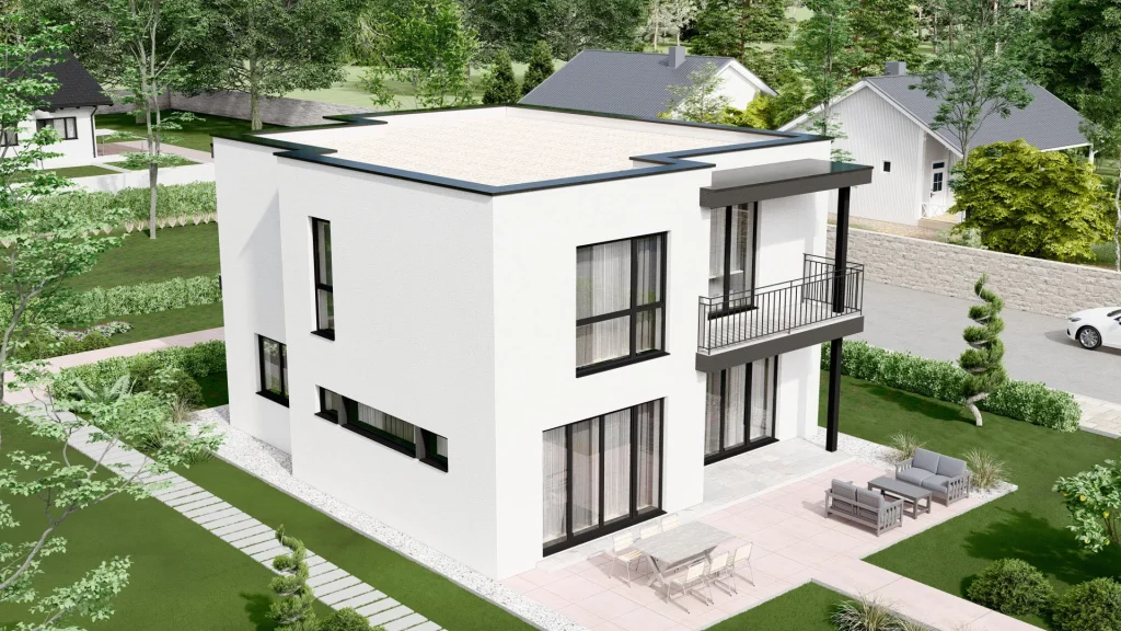 Moderne Fertighaus-Außenansicht mit hochwertiger Fassade und zeitgemäßer Architektur von BAUTENT