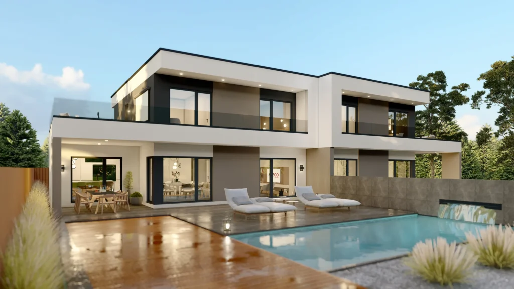 Modernes Aurora Fertighaus A001 - zeitgenössische Architektur mit großen Fensterfronten und elegantem Design