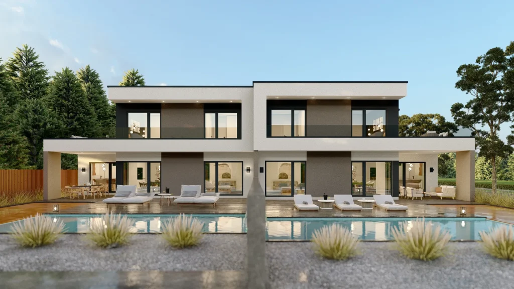 Modernes Aurora Fertighaus A002 mit zeitgenössischer Architektur und großen Fensterfronten von BAUTENT