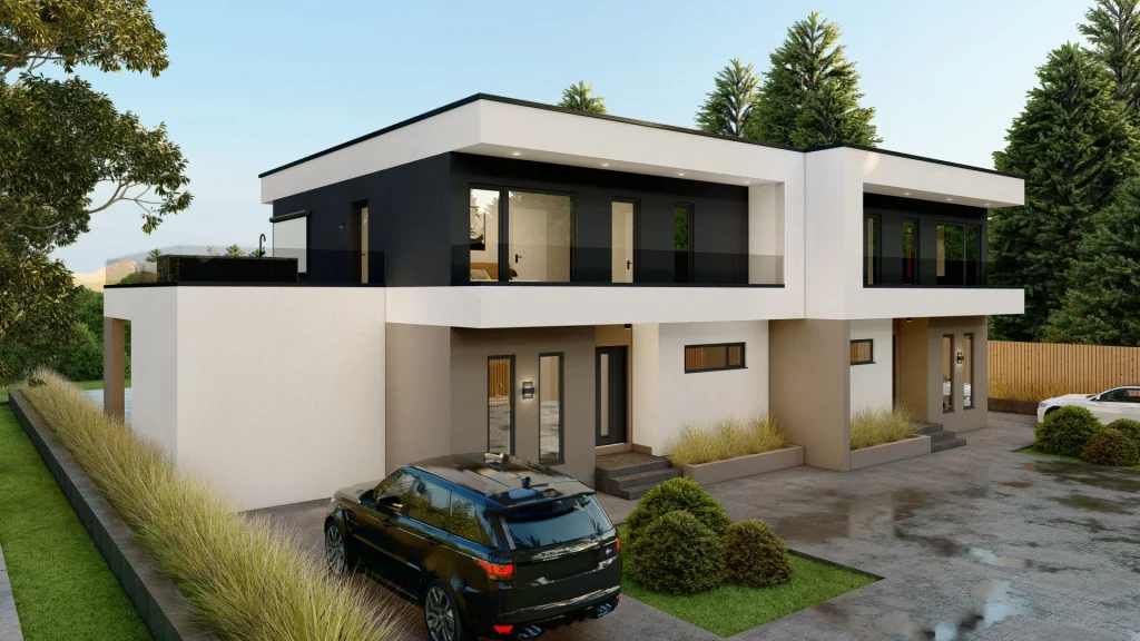 AURORA A003 Fertighaus Modell - moderne Architektur mit großen Fenstern und elegantem Design für Neubau