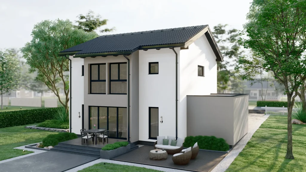 Modernes Fertighaus Ares A003 mit zeitgemäßer Architektur und großen Fensterfronten von BAUTENT