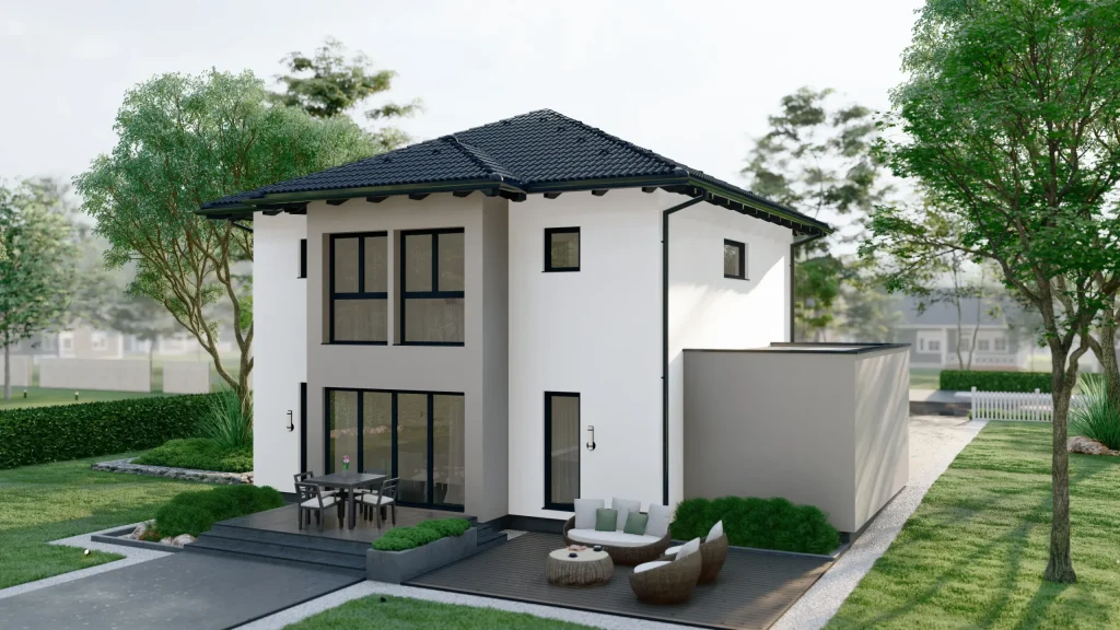 Modernes Fertighaus Ares-B003 mit zeitgenössischer Architektur und großen Fensterfronten von BAUTENT