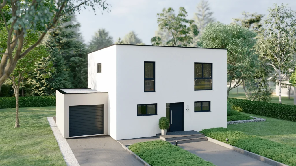 Modernes Fertighaus Ares-D001 mit zeitgenössischer Architektur und großen Fensterfronten von BAUTENT