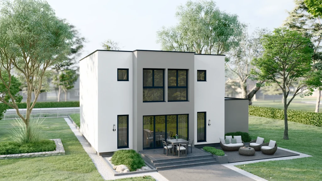 Modernes Fertighaus Ares-D002 in zeitgemäßer Architektur mit großen Fenstern und elegantem Design von BAUTENT