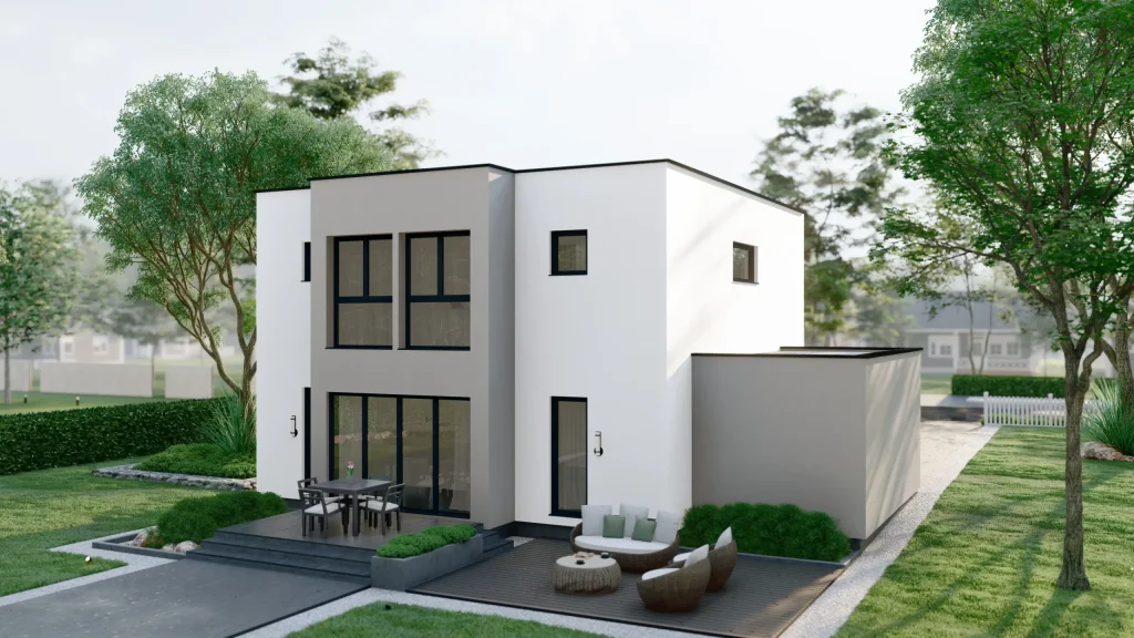 Modernes Fertighaus Ares-D003 mit zeitgemäßer Architektur und großzügigen Fensterfronten von BAUTENT