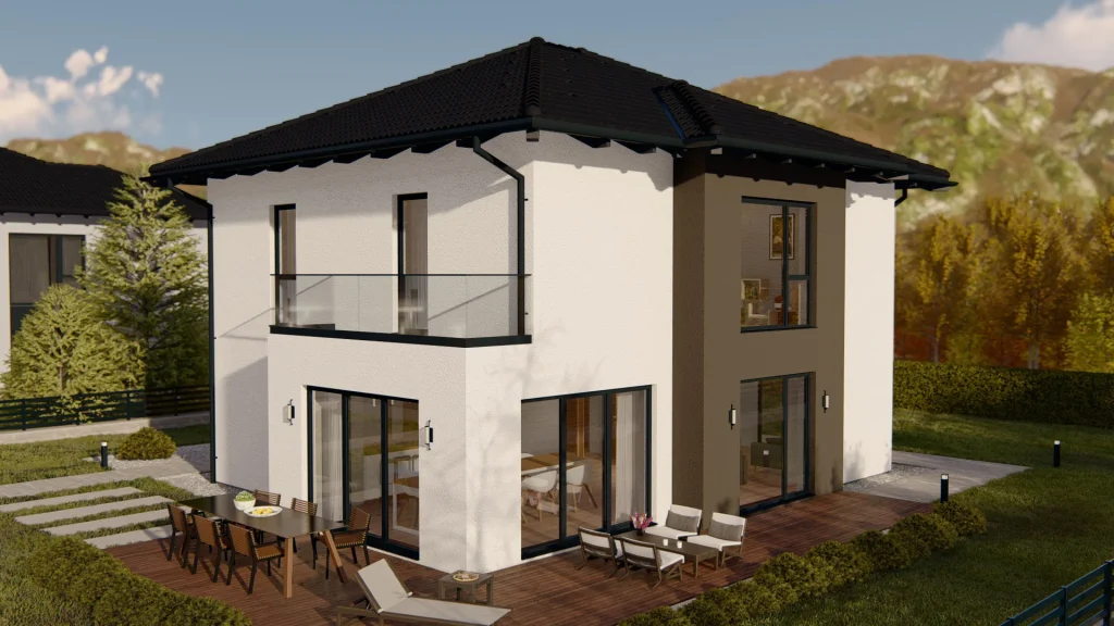 Modernes Fertighaus B001 mit eleganter Fassade und großen Fenstern - BAUTENT Hausbau und Sanierung