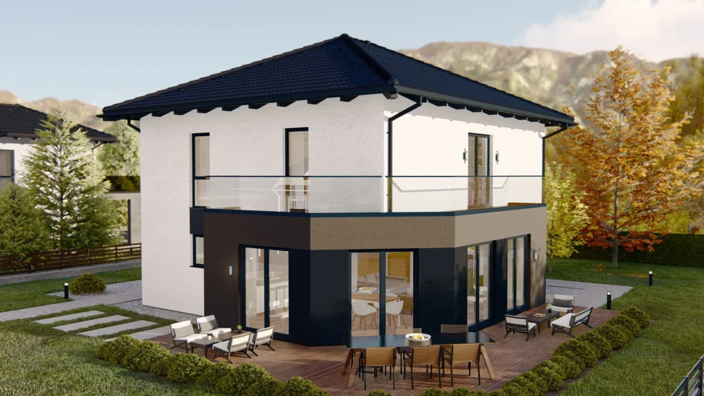 Modernes Fertighaus B001 mit zeitgemäßer Architektur und großen Fenstern von BAUTENT