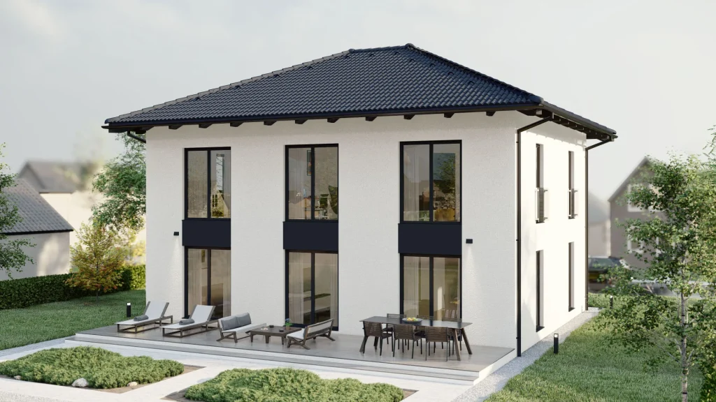 Modernes Fertighaus B001 mit zeitgemäßer Architektur und hochwertiger Fassadengestaltung von BAUTENT