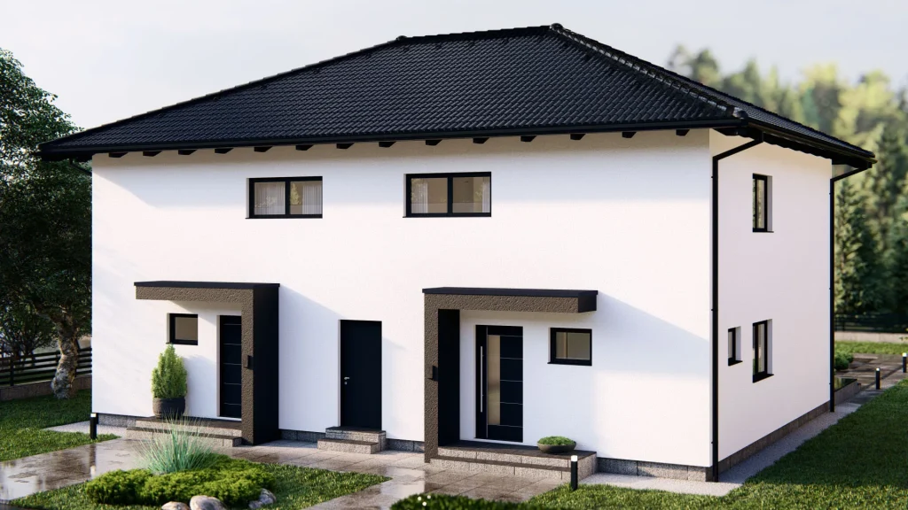 Modernes Fertighaus B001 Außenansicht mit zeitgemäßer Architektur und hochwertiger Fassadengestaltung