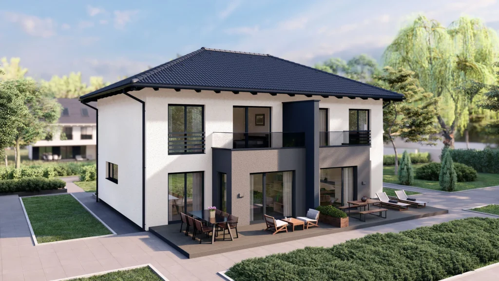 Modernes Fertighaus B001-20 von BAUTENT mit zeitgenössischer Architektur und hochwertiger Fassadengestaltung