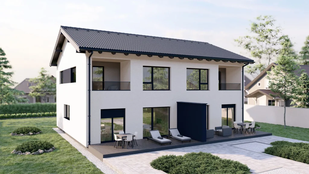 Modernes Fertighaus B001-21 von BAUTENT mit zeitgemäßer Architektur und hochwertiger Fassadengestaltung