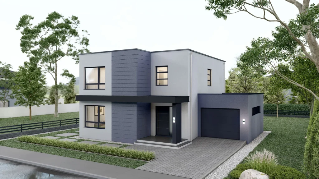 Modernes Fertighaus B001-22 mit zeitgemäßer Architektur und hochwertiger Fassade von BAUTENT