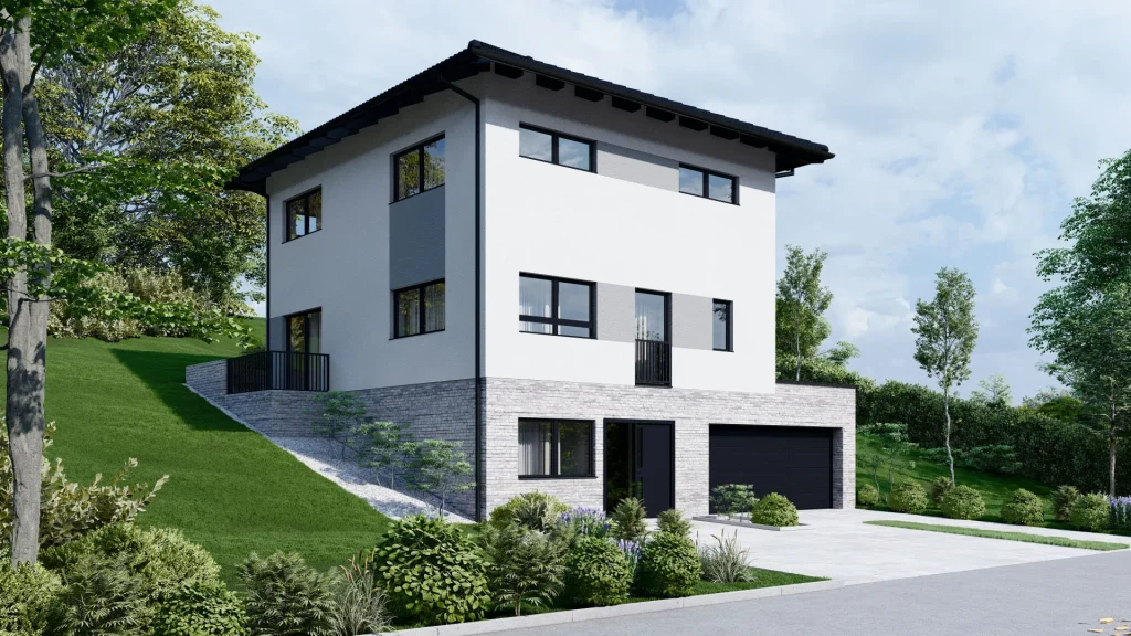 Modernes Fertighaus B001 Außenansicht mit zeitgenössischer Architektur und hochwertiger Bauqualität