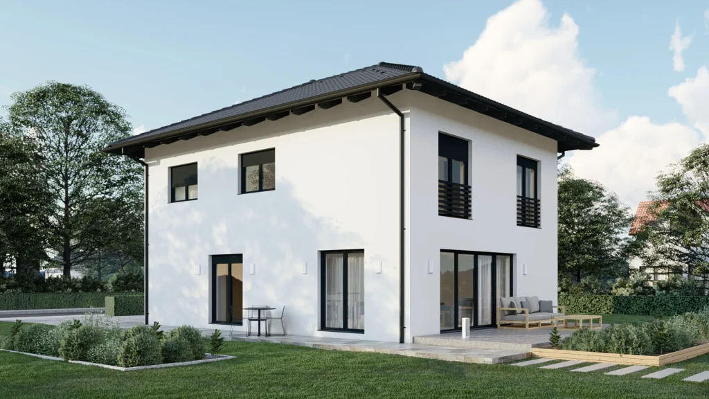 Modernes Fertighaus B001 von BAUTENT - Komplettansicht der energieeffizienten Bauweise mit hochwertiger Fassade