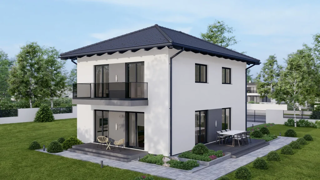 Modernes Fertighaus B001 mit zeitgemäßer Architektur und großzügigen Fensterflächen von BAUTENT