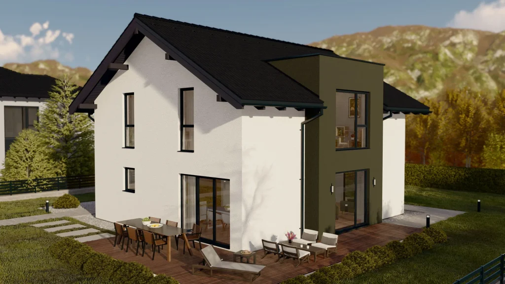 Modernes Fertighaus B001 Außenansicht mit zeitgemäßer Architektur und hochwertiger Fassadengestaltung