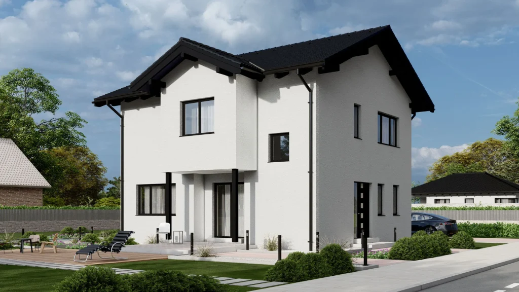 Modernes Fertighaus B002 mit zeitgenössischer Architektur und großen Fensterfronten von BAUTENT