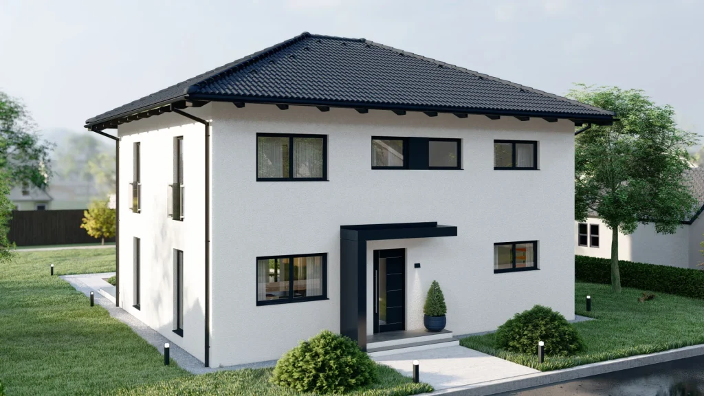 Modernes Fertighaus B002 mit zeitgenössischer Architektur und großen Fensterflächen von BAUTENT