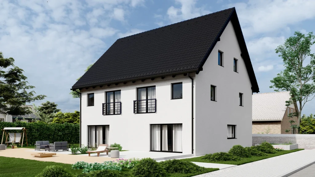 Modernes Fertighaus B002 mit zeitgemäßer Architektur und großzügigen Fenstern von BAUTENT
