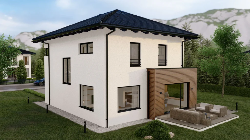 Modernes Fertighaus B002-18 in zeitgenössischer Architektur mit großen Fensterfronten und hochwertiger Fassade