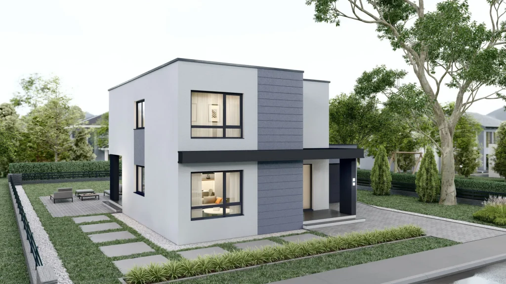 Modernes Fertighaus B002-22 mit zeitgemäßer Architektur und großzügigen Fenstern von BAUTENT