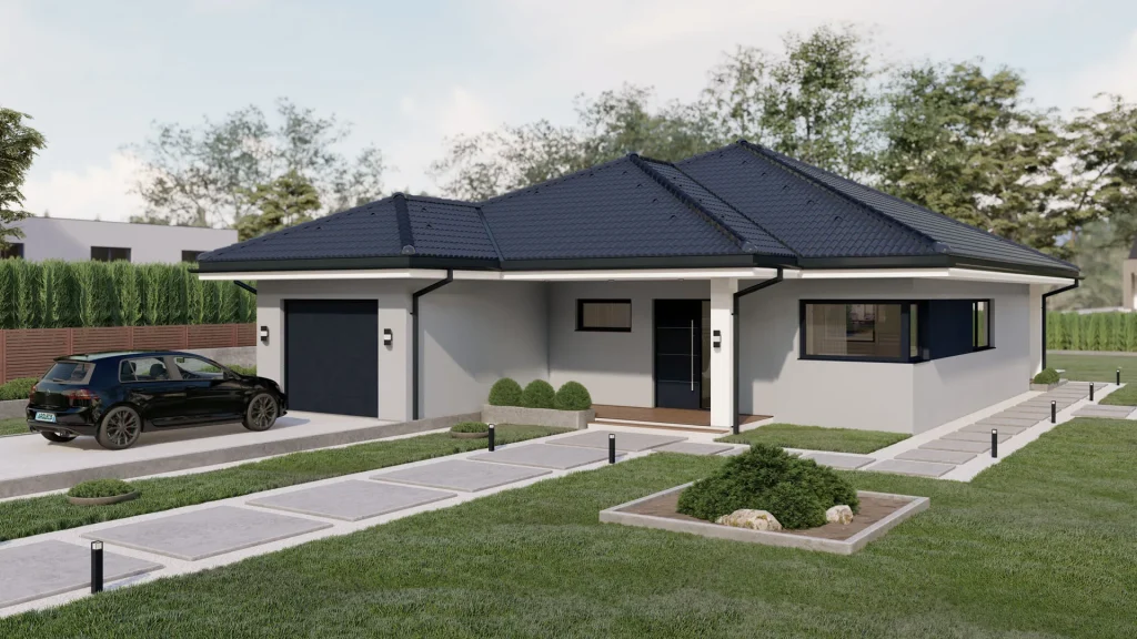 Modernes Fertighaus B002-23 mit zeitgemäßer Architektur und großzügigen Fensterfronten von BAUTENT