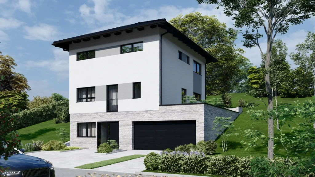 Modernes Fertighaus B002-4 mit zeitgenössischer Architektur und großen Fenstern von BAUTENT