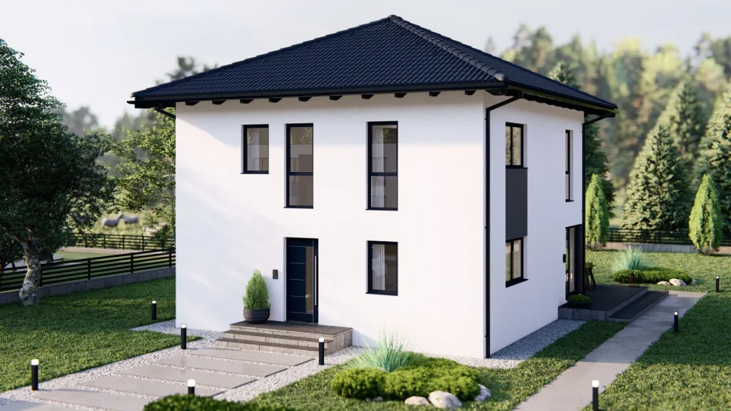 Modernes Fertighaus B002 Außenansicht mit zeitgenössischer Architektur und hochwertiger Fassadengestaltung