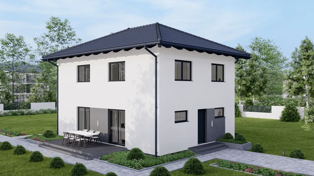 Modernes Fertighaus B002 Außenansicht mit zeitgenössischer Architektur und hochwertiger Fassadengestaltung