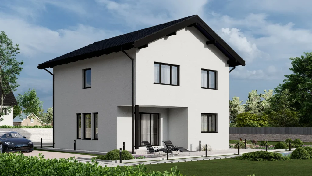 Modernes Fertighaus B003 mit zeitgemäßer Architektur und großen Fensterfronten von BAUTENT