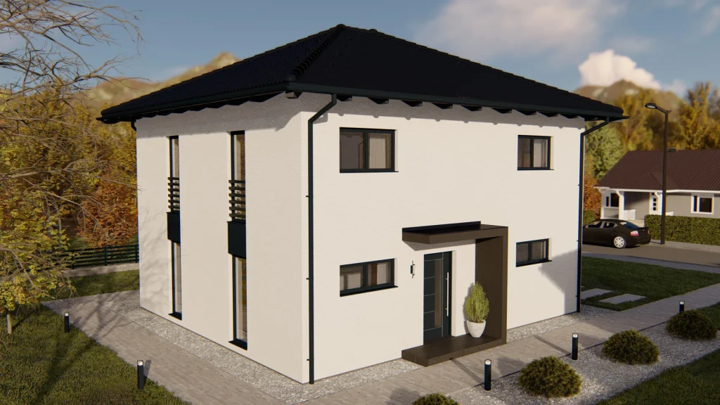 Modernes Fertighaus B003 mit zeitgemäßer Architektur und großzügigen Fensterfronten von BAUTENT
