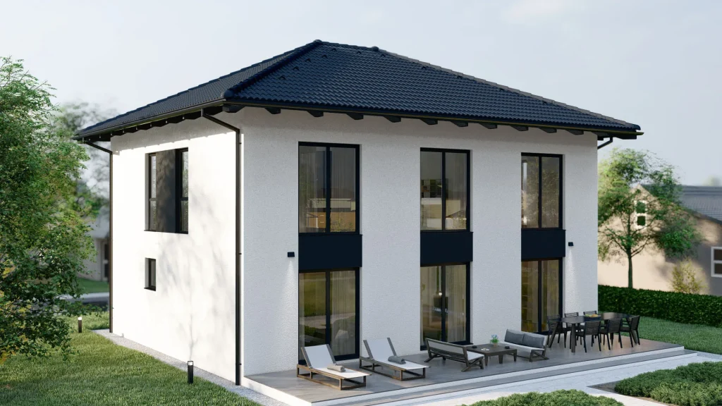 Modernes Fertighaus B003 mit zeitgemäßer Architektur und hochwertiger Fassadengestaltung von BAUTENT