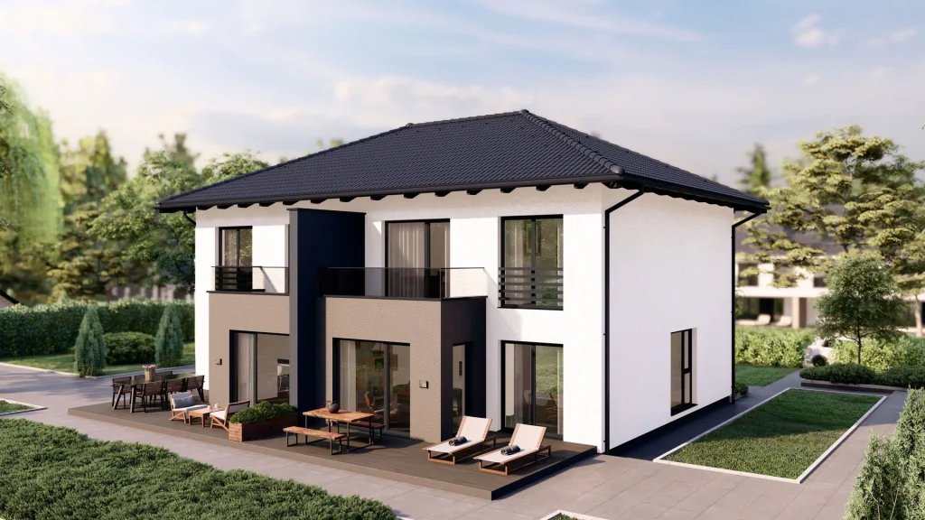 Modernes Fertighaus B003-20 mit zeitgemäßer Architektur und großzügigen Fenstern von BAUTENT