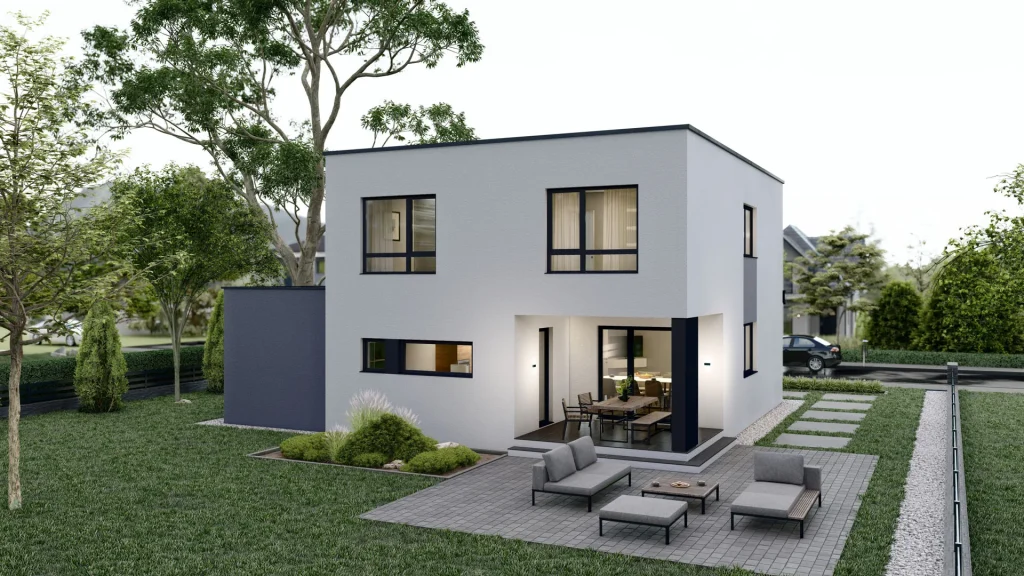 Modernes Fertighaus B003-22 mit zeitgemäßer Architektur und großzügigen Fensterfronten von BAUTENT