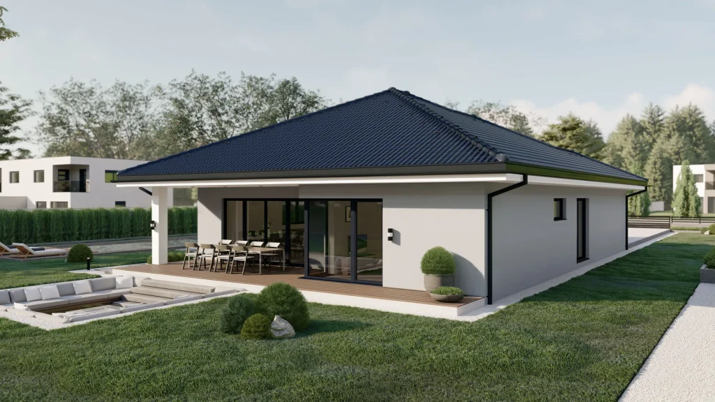 Modernes Fertighaus B003-23 mit zeitgenössischer Architektur und hochwertiger Fassadengestaltung von BAUTENT