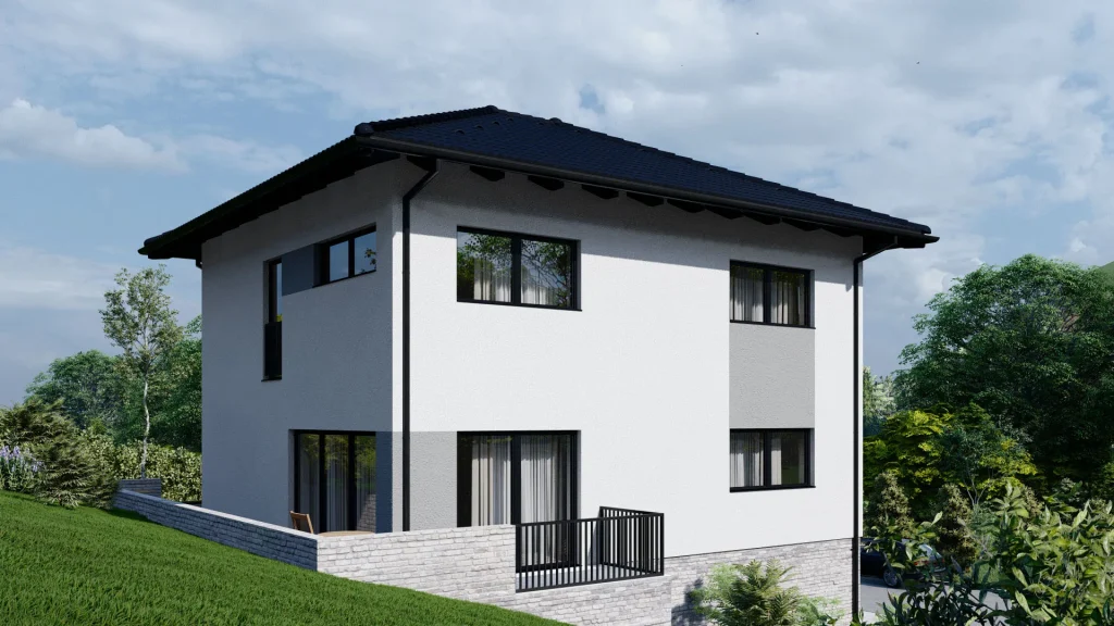 Moderne Fertighaus-Architektur mit großen Fensterfronten und zeitgemäßer Fassadengestaltung von BAUTENT