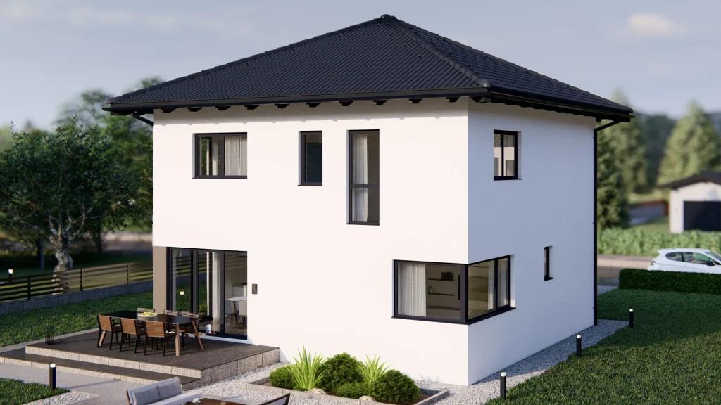 Modernes Fertighaus B003-5 mit zeitgemäßer Architektur und hochwertiger Fassadengestaltung von BAUTENT