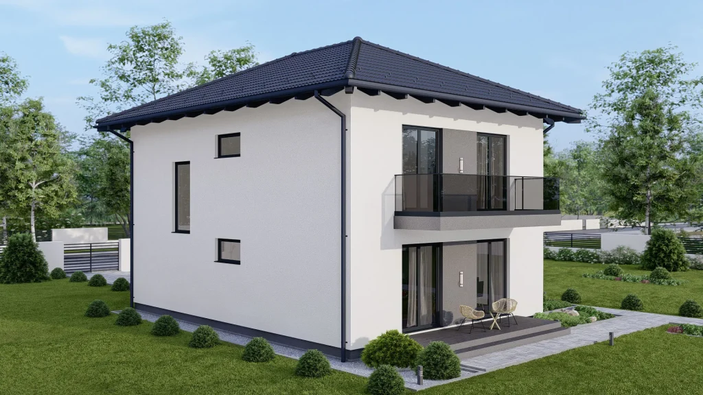 Modernes Fertighaus B003 mit zeitgemäßer Architektur und großen Fensterfronten - BAUTENT Bauprojekt