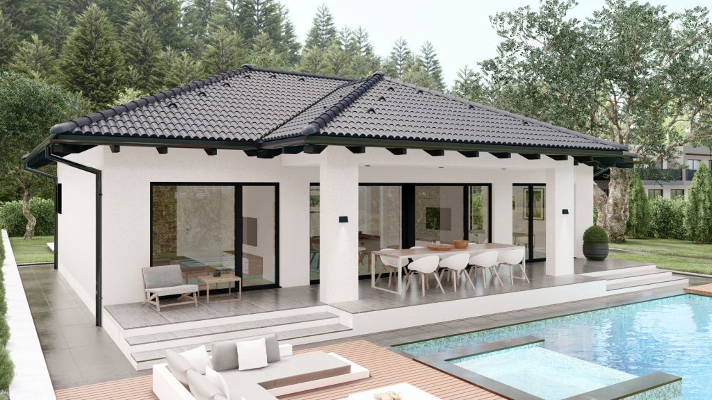 Modernes Fertighaus Bellevue C002 mit eleganter Fassade und großzügigen Fenstern - BAUTENT Hausbau