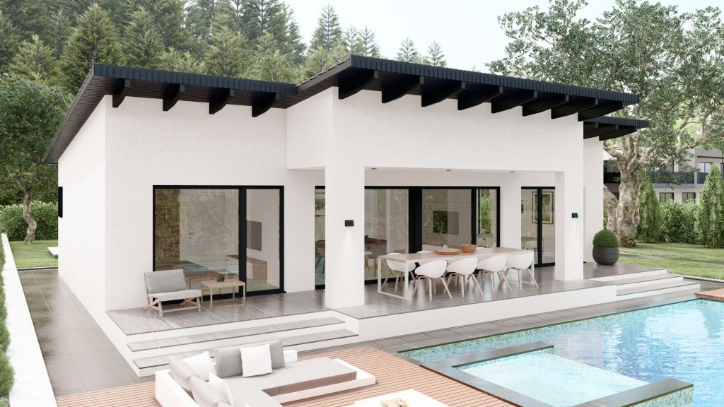 Modernes Fertighaus Bellevue D002 mit eleganter Fassade und großzügigen Fenstern - BAUTENT Architektur